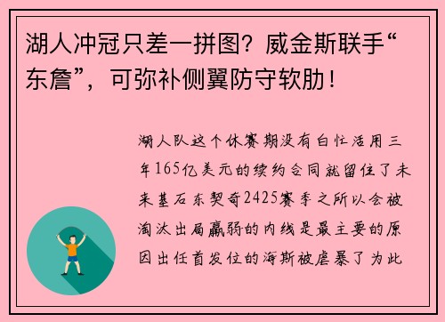湖人冲冠只差一拼图？威金斯联手“东詹”，可弥补侧翼防守软肋！